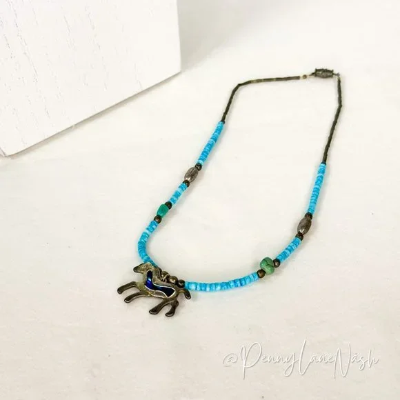 Vintage Turquoise Beads w Silver Horse Pendant Necklace - Picture 5 of 5
